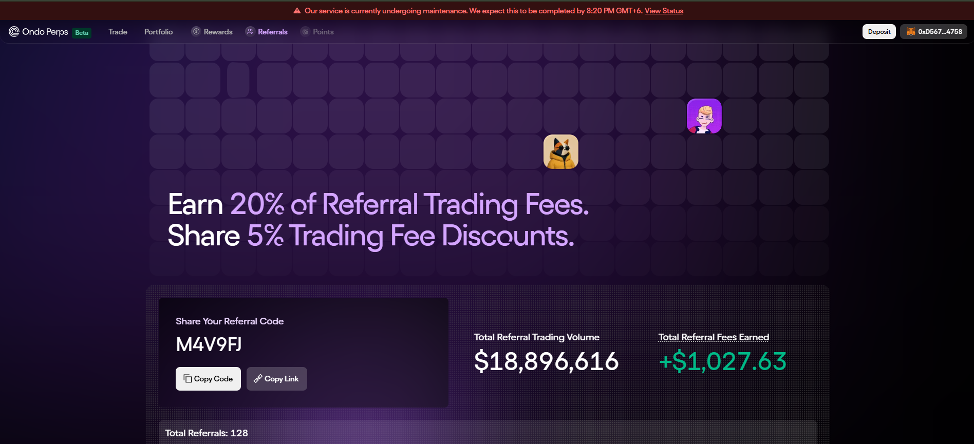 Ondo Perps referral dashboard — $18,896,616 total referral trading volume and +$1,027.63 fees earned in 6 days